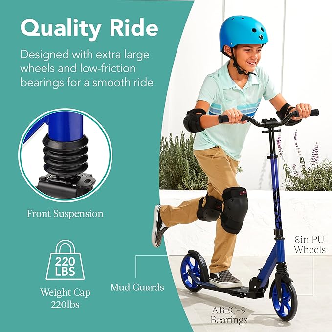 Best Choice Products Kids Height Adjustable Kick Scooter for Ages 8+, Teen, Adult, Outdoor Play w/Carrying Strap, Non-Slip Deck, Kickstand, Mud Guards, 220lb Capacity - Blue