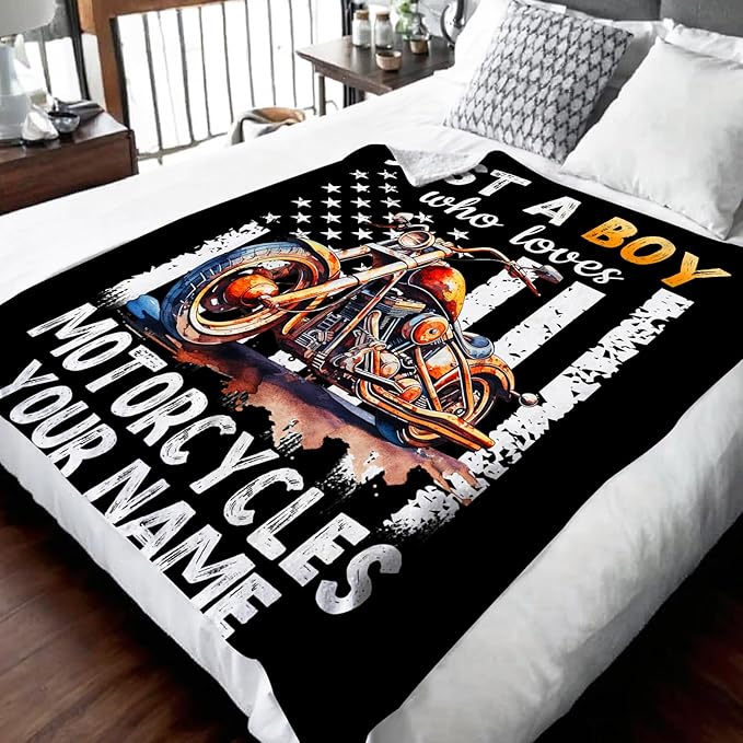 Personalized Motorcycle Gifts for Boys Men, 40x50 Inches Cool Throw Blanket for Kids Teens Motorbike Lovers Motorcycle Riders, Custom Black Soft Blankets for Couch Sofa Bed Travel