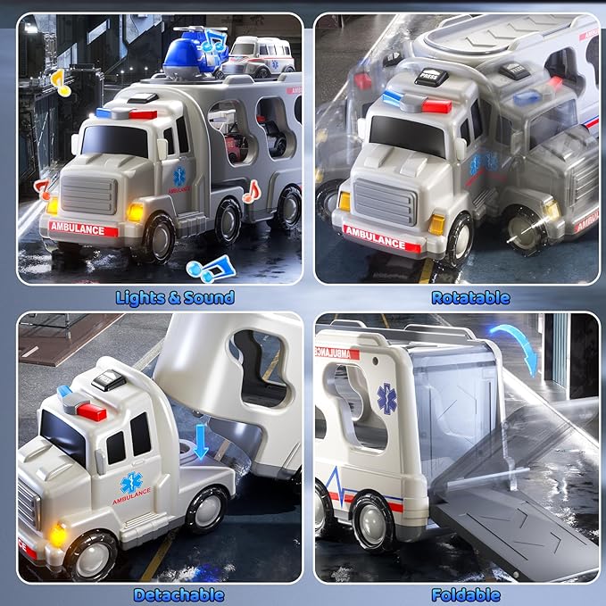 Ambulance Truck Toys Set for Kids Toddlers 1-3 3-5 Years Old, Carrier Truck Playset with Toy Cars, Light and Sound, City Learning Toys for Toddlers, Birthday Gifts for Boys Girls Aged 2-4 4-8