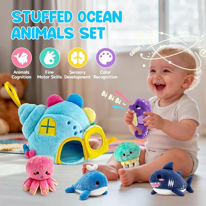 pamexin Baby Toys 6-12 Months, Ocean Stuffed Animals Set with 1 Conch House and 5 Sea Creatures, Rattle, Lanyard, Mirror, Montessori Toys for 6+ Month Old, Gifts for Babies Grandkids