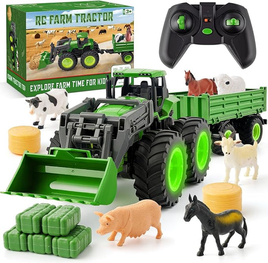Remote Control Tractor Toy, Kids RC Tractor Set with Truck & Trailer and Light/Loading/8 Wheel, 2.4 Ghz RC Farm Vehicle Toys, Animal Farm Kids Toy for 3 4 5 6 7 8 9 Year Old Boys Girls Birthday Gift