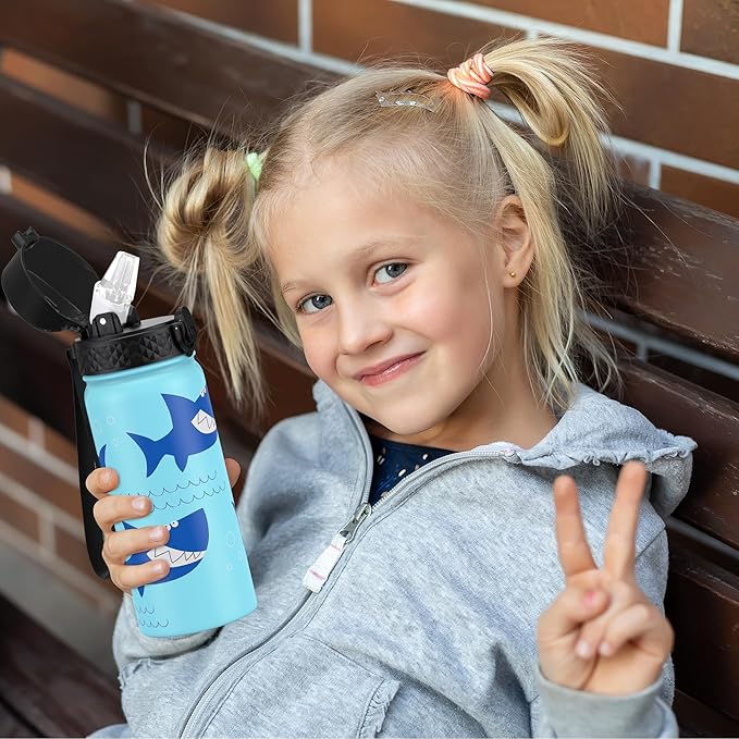 GOPPUS Kids Water Bottle (Straw Lid) - 18 Oz Stainless Steel Travel Bottle, Double Wall Vacuum Leak Proof Kids Cup for School Boys Girls,Iron Shark