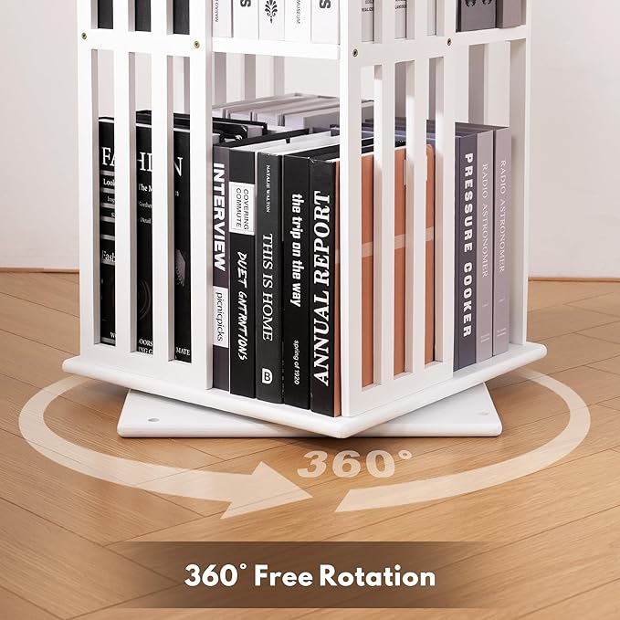YOWOS Rotating Bookshelf Tower, 360 Display Spinning Bookcase, Bamboo Bookshelf Floor Standing Storage Rack, Wood Narrow Book Shelf Organizer for Kids&Adults (White, 6 Tier)