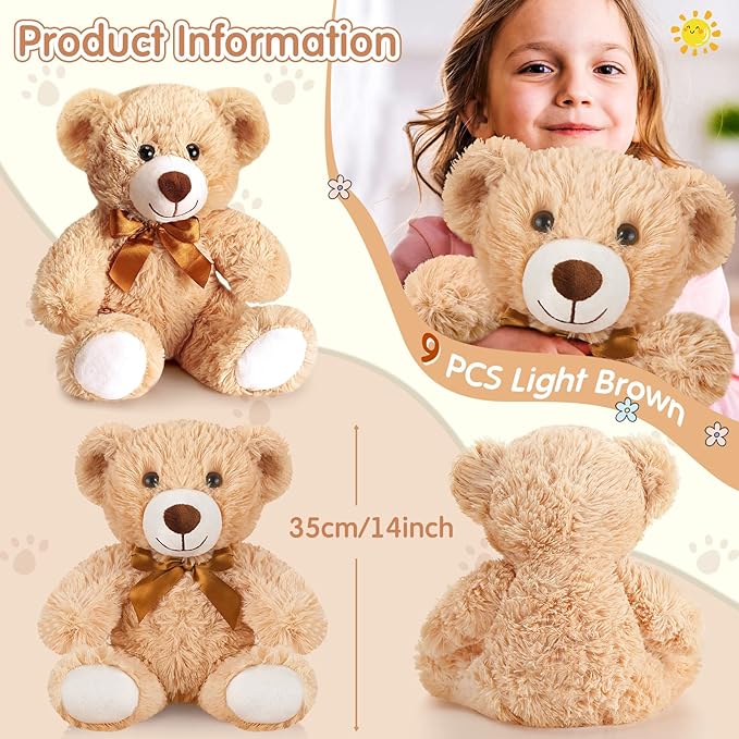 HyDren 9 Pcs 14 Inch Stuffed Animals Bears Bulk Soft Animal Plush Toys Bears Cute Dolls Gift for Valentine Wedding Mom Christmas Baby Shower Birthday Gift Home Decor(Light Brown)