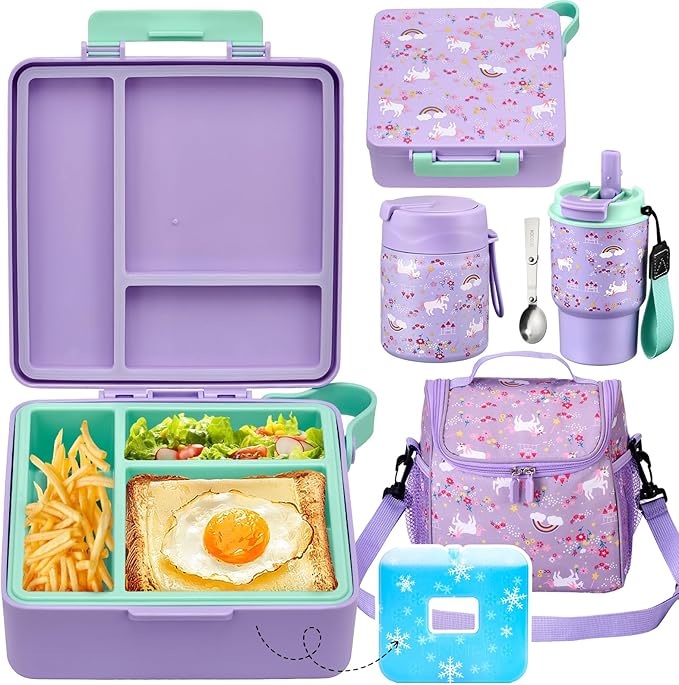 Lunch Box Set with Bento Box Container, 17OZ Stainless Steel Food Soup Thermo, Kids Water Bottle & Portable Insulated Lunch Bag, Leakproof, Hot/Cold Retention for School, Travel (Purple-Horse)