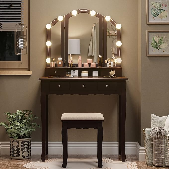 Tiptiper Vanity Desk, Makeup Vanity Set with Lighted Mirror and Stool, Dressing Table with 5 Drawers, 3 Light Settings & Adjustable Brightness, Espresso
