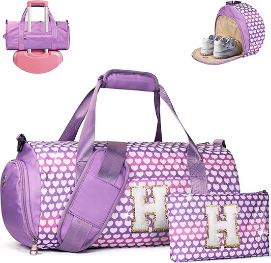 8 Year Old Girl Birthday Gift, Girls Travel Duffel Bag, Kids Initial Overnight Bags with Shoe Compartment, Personalized Gym Ballet Dance Bag with Makeup Pouch, Christmas Gifts (Letter H)