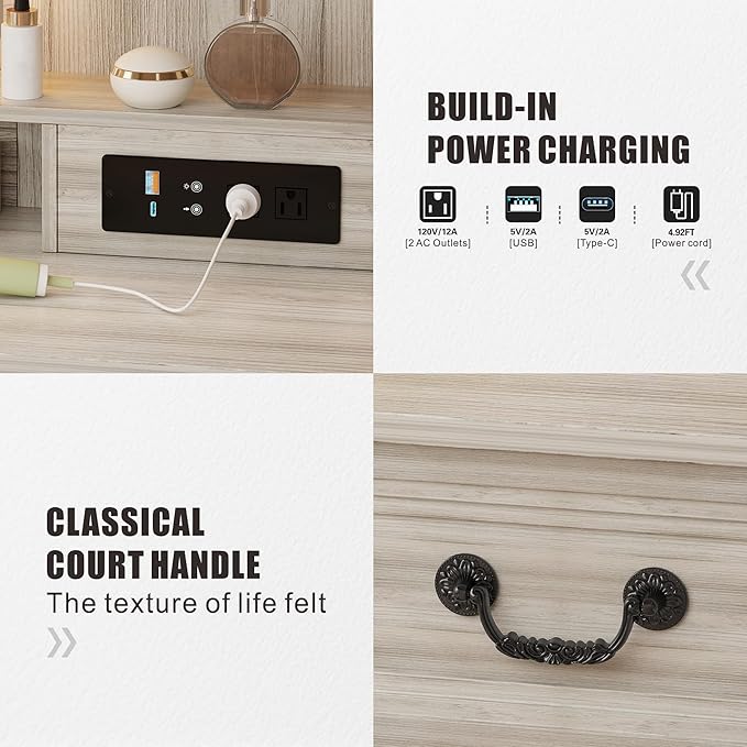 Vanity Desk with Mirror Light and Power Outlet, 39 inch Farmhouse Makeup Table Set with Stool, 3 Color Adjustable Lights Bedroom Dressing Table with 4 Drawer for Women Girls Teens, Gray White