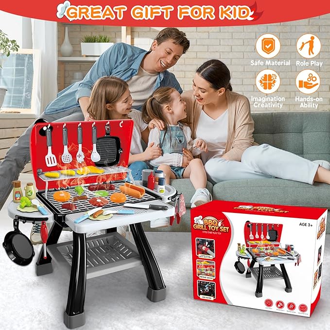 Kids Play Kitchen Toys, Kids BBQ Grill Kitchen Playset with Smoke, Sound & Light, Play Food Toys Cooking Set, 2-Layer Barbecue Outdoor Play Grill Toy Gift for Toddler Boys Girls 3-5