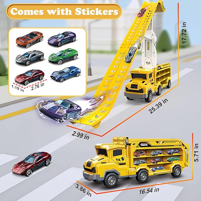 Toddler Car Truck Toys,Car Carrier Trucks for Kids Age 3-5 4-8,Foldable Car Track Sets with 2.8-Ft Race Track and 6 Die-Cast Race Cars, Truck Toys Gifts for 3 4 5 6 7 8+ Year Old Boys Girls(Yellow)