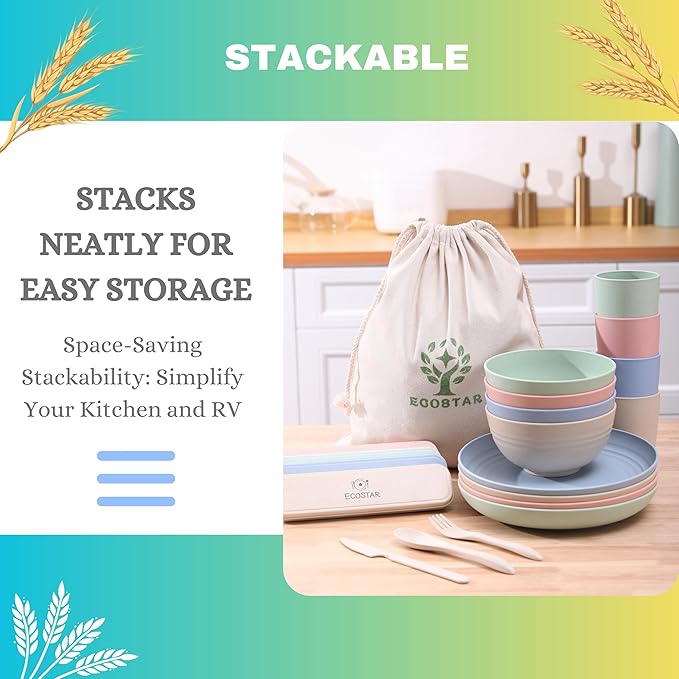 ECOSTAR Wheat Straw Dinnerware Sets Unbreakable Plates Bowls and Cups Reusable Utensils Dishwasher Microwave Safe Bowls and Plates Sets (Classic)
