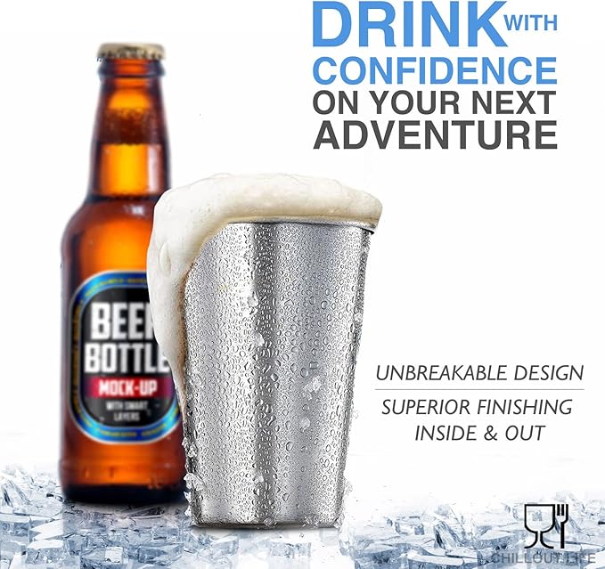 Stainless Steel Pint Cups Water Tumblers 16 oz - Unbreakable, BPA Free, Stackable Premium Quality 18/18 Metal Drinking glasses for Home & Outdoor Activities, Picnic, Travel & Camping (4-Pack)