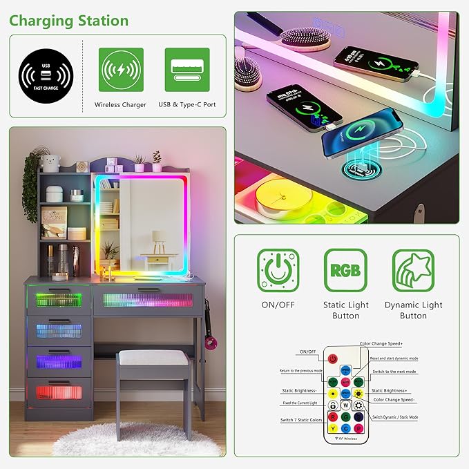 HNEBC Vanity Desk with Sliding Mirror and LED Lights, RGB Vanitys with Charging Station, Makeup Vanitys with Remote Control, White Dresser with Stool/Lager Drawers for Bedroom (Grey)