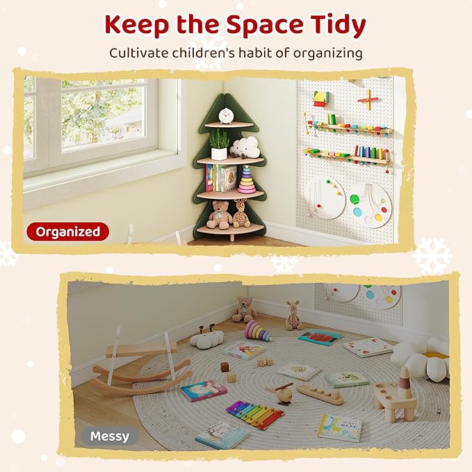 Tree Bookshelf for Kids, 4-Tier Montessori Corner Bookcase, Space-Saving Freestanding Storage Organizer for Books & Toys, Suitable for Kids Room, Playroom, Classroom, Nursery
