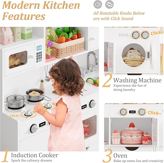 Keyluv Wooden Play Kitchen for Kids and Toddler, Montessori Toy Kitchen Playset with Plenty of Pretend Play Features and Storage Drawers, Gift for Boys and Girls, White