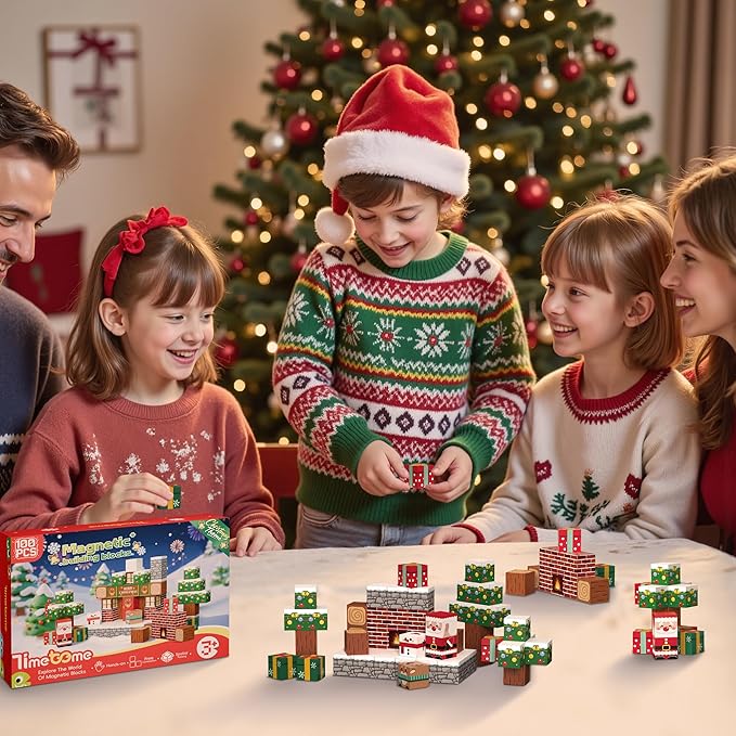 Magnetic Blocks, 100PCS Magnetic Building Block Cubes, STEM Montessori Sensory Toys for Kids Boys Girls Ages 3 4 5 6 7 8 9 10 (Christmas Version)