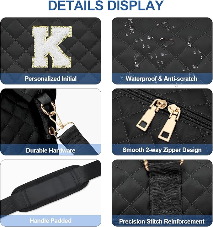 Gifts for Teen Girl, Initial Travel Duffle Bag, Personalized Women Weekender Overnight Bags, Gift for Daughter Kid Girl Wife Friend（Black,K)