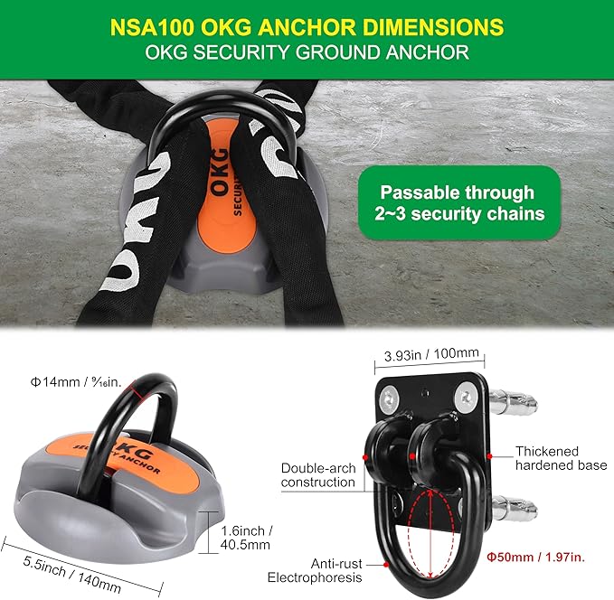 OKG Heavy Duty Security Ground Anchor, 9/16" (14mm) Thick Hardened Steel Swing Shackle - Ideal for Bicycle Anchor, Motorcycle Anchor, E-Bike Anchor, Generator Anchor Lock - Permanent Anchor Point