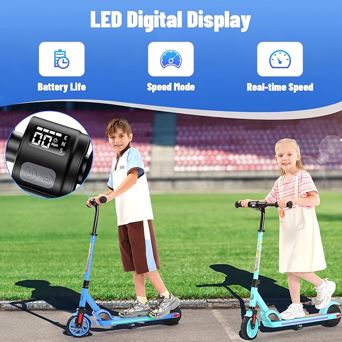 Caroma Electric Scooter for Kids Ages 6-14, 180W/150W Motor & 10 Mph, 85 Mins Ride Time, Adjustable Height & Speed, LED Display & Colorful Lights, Kids Electric Scooter, Best Gifts for Girls and Boy