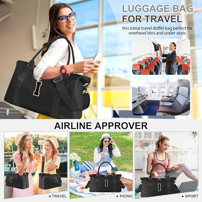 Dance Gym Duffel Bag for Teen Girls, Personalized Initial Travel Weekender Bag,Cute Overnight Carry On Duffle for Women,Sports Travel Cheer Bag,Monogram Christmas Gifts for Tween Preppy(black-I)