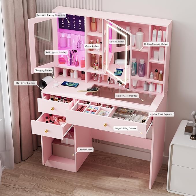Makeup Vanity Desk with Mirror and Lights, Pink Vanity with Glass Top, Jewelry Storage, Power Outlets, 3 Drawers & 2 Cabinets, Adjustable LED Lighting, Dressing Table for Women & Girls Bedroom