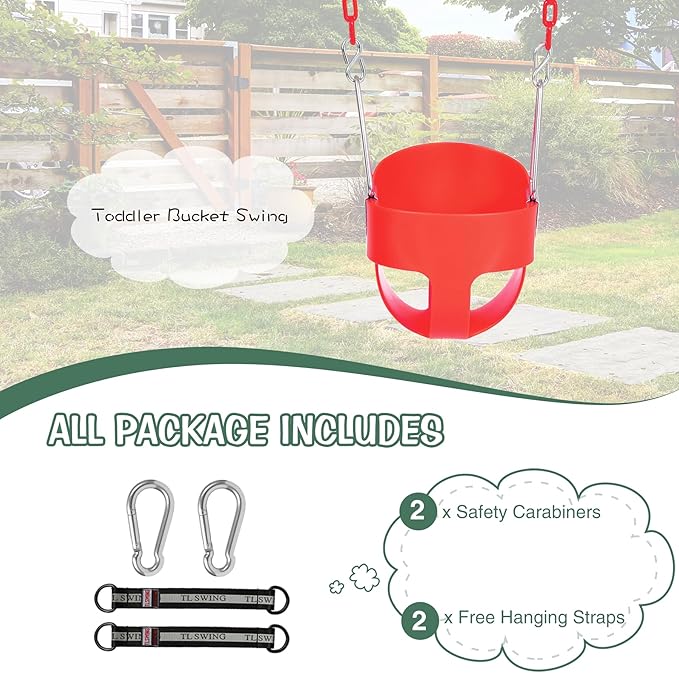Heavy-Duty Toddler Swing with Coated Safety Chains-High Back Bucket Seat Includes Tree Straps,Hooks for Backyard, Playground,Outdoor Use (Red)