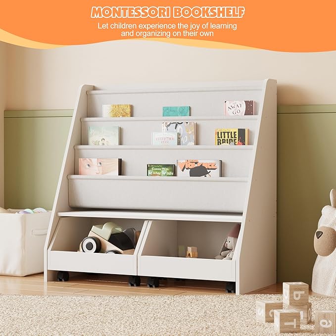 Kids Bookshelf with Two Movable Drawers Toddler Bookcase with Toy Storage Organizer Child Sling Book Rack Baby Cabinet Chest with Wheels for Nursery,Playroom,Bedroom,Living Room,Classroom