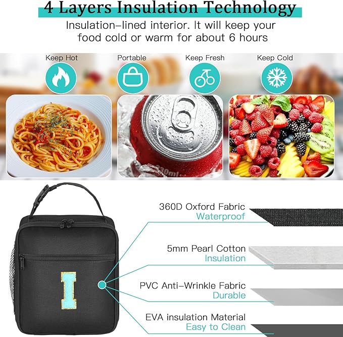 Initial Insulated Lunch Bag, Lunch Box with Initial Letter Patch for Teen Adult, Reusable Lunch Bag for Men Women, Ideal Back to School Gift Birthday Gift, Blue I