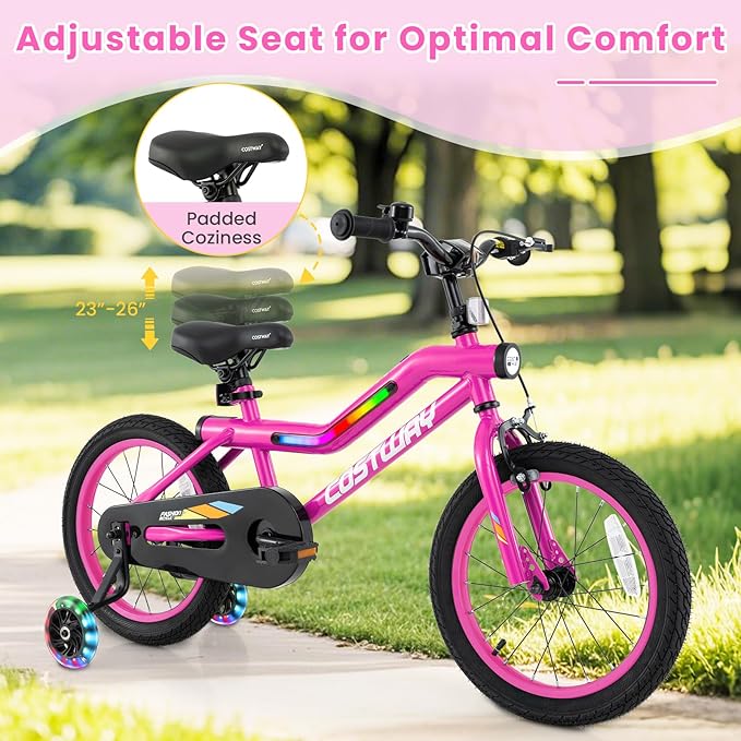 COSTWAY 16”/18” Lighted Kids Bike, Children Sport Bicycle with LED Light-up Frame, Adjustable Saddle, Training Wheels, Handbrake & Coaster Brake, Kids Riding Bike for 4-7/4-8 Years Old Boys & Girls