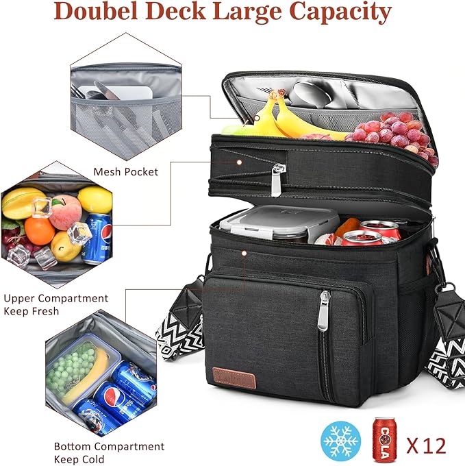 LOKASS Lunch Bag& Lunch Box for Men Women Double Deck,Large Insulated Adult Lunch Box Leakproof Lunchbox Cooler Bag for Work Picnic Beach,（Black,16L）