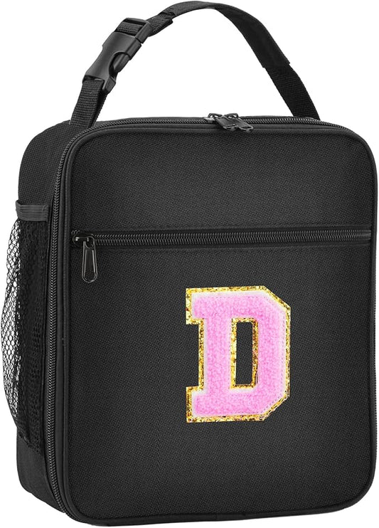 Initial Insulated Lunch Bag, Lunch Box with Initial Letter Patch for Teen Adult, Reusable Lunch Bag for Men Women, Ideal Back to School Gift Birthday Gift, Pink D