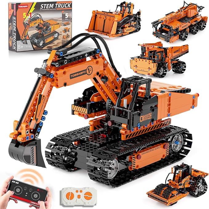 5in1 STEM Building Kits for Kids, STEM Building Toys for Kid, Remote & APP Controlled Excavator/Crane/Bulldozer/Road Roller/Dump Trucks Building Blocks Set for Boys Girls Birthday Xmas Idea Gifts
