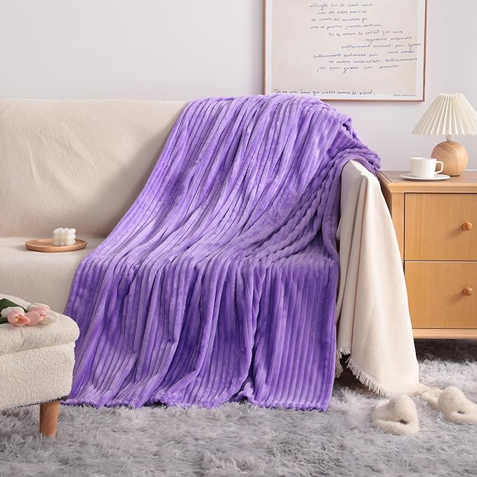 NTBAY Plush Flannel Twin Bed Blanket, 60X80 Inches Soft and Warm Lightweight Bed Blanket with Striped Texture Bed Blanket for Couch Sofa Bed All Seasons, 60"x80", Purple