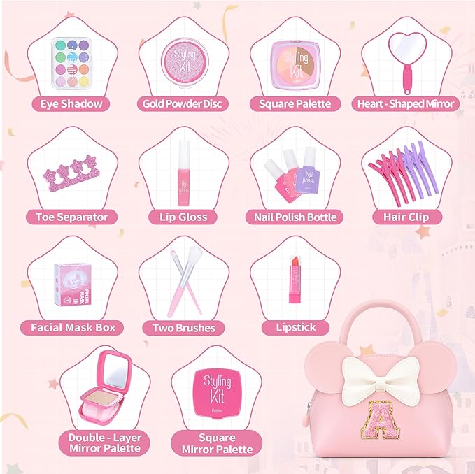 Pretend Makeup Kit for Toddlers Kids- 21Pcs Make Up Toys with Initial Toddler Purse - Birthday Gifts for 3 4 5 Years Old Girls Vanity Set Christmas Birthday Gift Pink A