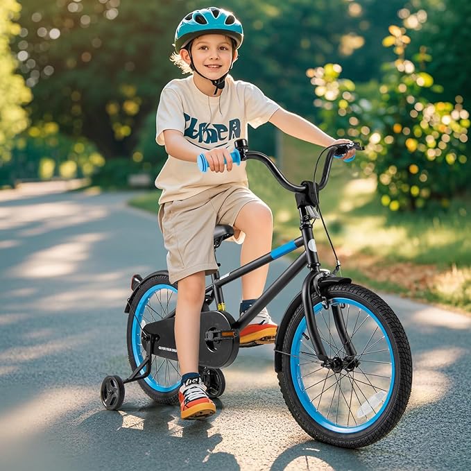 BABY JOY Colorful Macarons Kids Bike, 12 14 16 18 Inch Sporty Children's Bicycle with Training Wheels, Adjustable Handlebar & Saddle, Handbrake & Coaster Brake, Boys Girls Bike for 3-8 Years Old