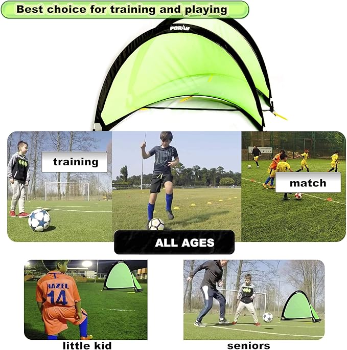 Poray Soccer Goal for Kid Easy-up Set of Two Portable Soccer Net 210D Oxford with 8 Field Marker Cones Extra Stakes Fun for Backyard and Soccer Training