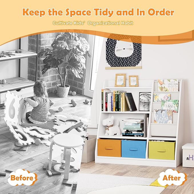 Kids Bookshelf Wood Montessori Toy Storage Organizer Cabinet Shelf Child Bookcase Toddler Baby Sling Book Rack 3 Cube Bin Fabric Drawers for Playroom Bedroom Nursery School