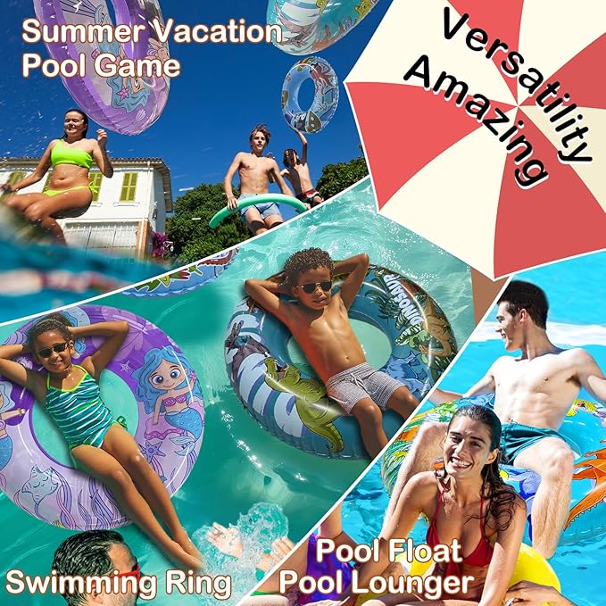 2 Pack Inner Tubes for Floating, Pool Floats Adult, Big Floaties for Kids and Teens, Pool Tubes Heavy Duty, Dinosaur and Mermaid Round Pool Floats, Beach Swim Ring and Summer Pool Party Toys