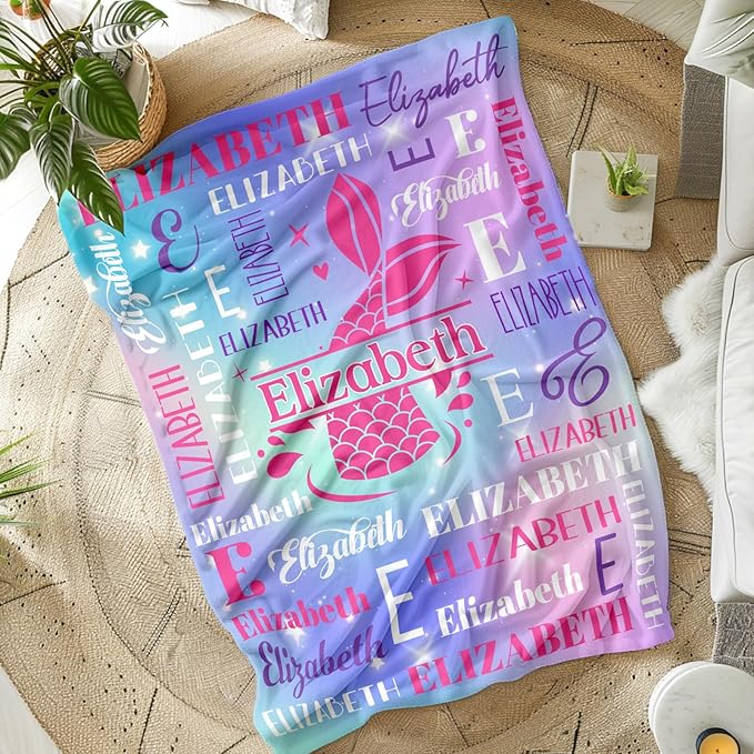 Personalized Mermaid Blankets for Kids Teens Adults, Girls Women Throw Blanket Gifts for Mermaid Lovers, Custom Name Soft Warm Flannel Monogram Blankets Decor for Bed Couch Sofa Home Room