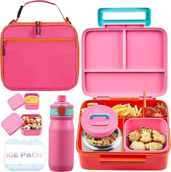 Bento Lunch Box for Kids with Thermos, Leakproof Bento Box with 8oz Insulated Food Jar, Insulated Bottle, Lunch Bag, BPA Free Dishwasher Safe 4 Compartment Container for School Girls Boys (Pink)