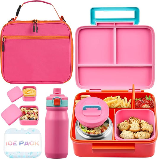 Bento Lunch Box for Kids with Thermos, Leakproof Bento Box with 8oz Insulated Food Jar, Insulated Bottle, Lunch Bag, BPA Free Dishwasher Safe 4 Compartment Container for School Girls Boys (Pink)
