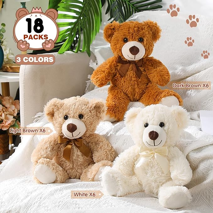 Zhanmai 18 Pcs 14 Inch Bears Stuffed Animal 2025 Graduation Gifts Bulk Plush Bear Toys for Birthday Baby Shower Party Favor(Light Brown, Dark Brown, White)