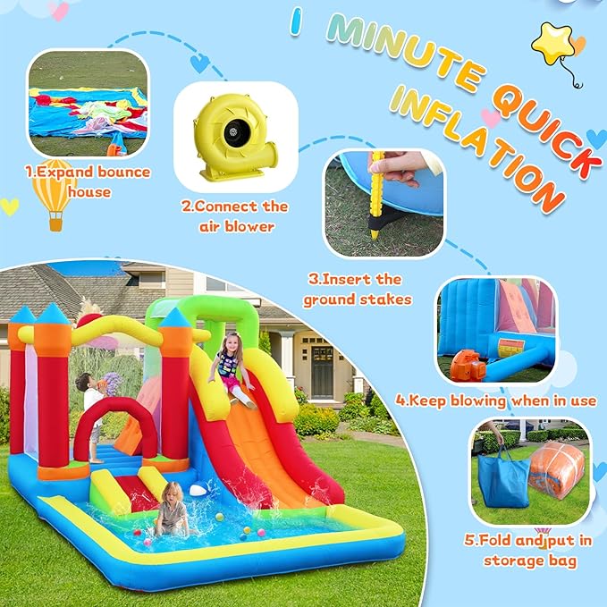 6-in-1 Bounce House with Climbing Wall, Slide & Ball Pit, Inflatable Bouncy Castle with Blower & Basketball Hoop for Backyard, Playground for Kids Toddlers Ages 3-12 (12.5′D x 8.6′W x 7′H)