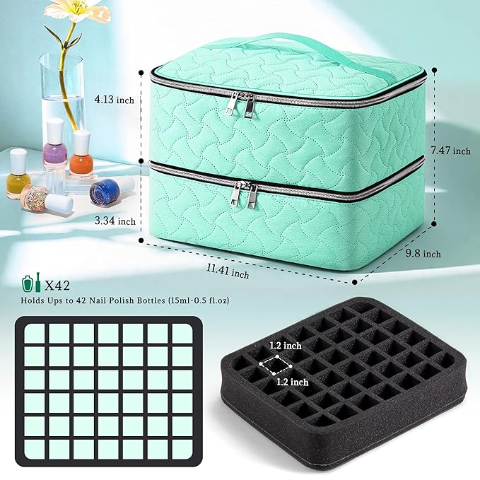 DreamGenius Nail Polish Organizer Case Holds 42 Bottles, Portable Double-Layer Nail Polish Storage Bag with Adjustable Dividers for Manicure Tools, Green
