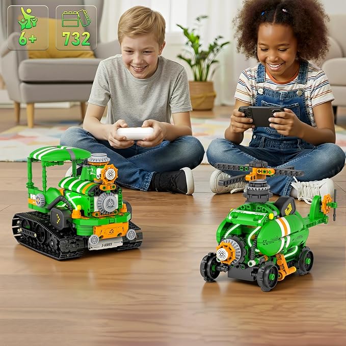 STEM Robot Building Kits for Kids 6-14, 5in1 Remote & APP Controlled STEM Tractor/Frog/Robot Building Toys, 732 Pcs Educational Building Block Sets for Kids, Erector Sets Gifts for Boys Girls
