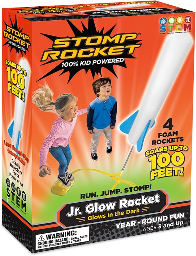 Stomp Rocket Jr Glow Rocket Launcher for Kids - 4 Glow-in-The-Dark Rockets - Outdoor Fun Toy Gift for Boys & Girls - STEM Soft Foam Blaster Set Soars Up to 100 Feet - Ages 3 & Up
