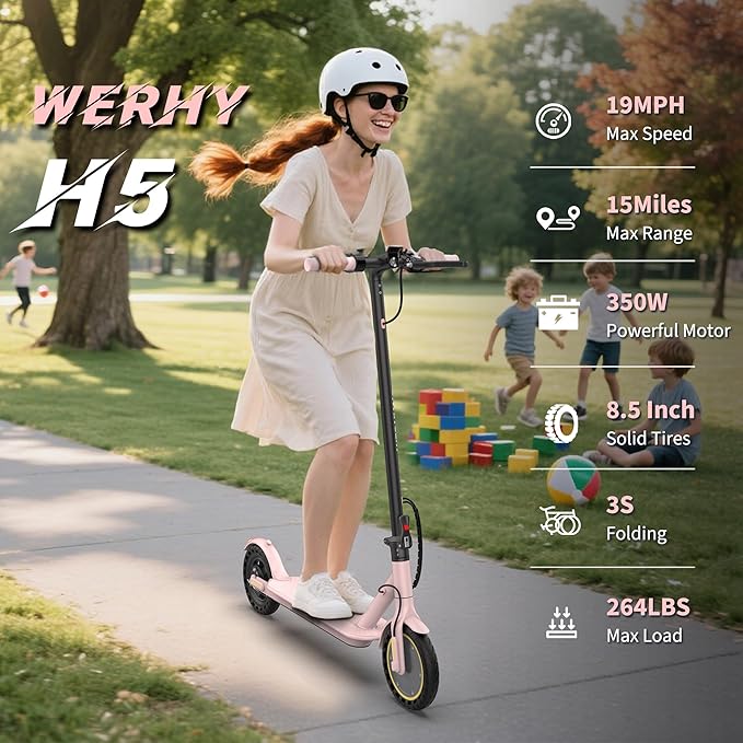 Electric Scooter, 350W/500W Powerful Motor, 19/22 MPH Max Speed, 15/21/28 Miles Range, with 8.5"/10" Solid Tires, Lightweight Foldable Kick Scooter with Dual Braking Systems, Smart APP, Cruise Control