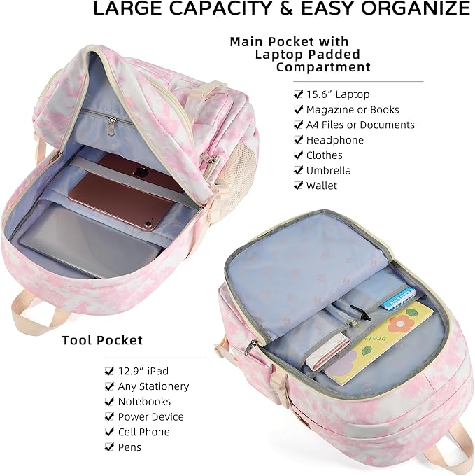 Hidds Laptop Backpacks 16 Inch School Bag College Backpack Anti Theft Travel Casual Daypack Bags Cute Bookbags Large Colorfull Carry on Back Pack for Teens Girls Women Students (Pink-1)