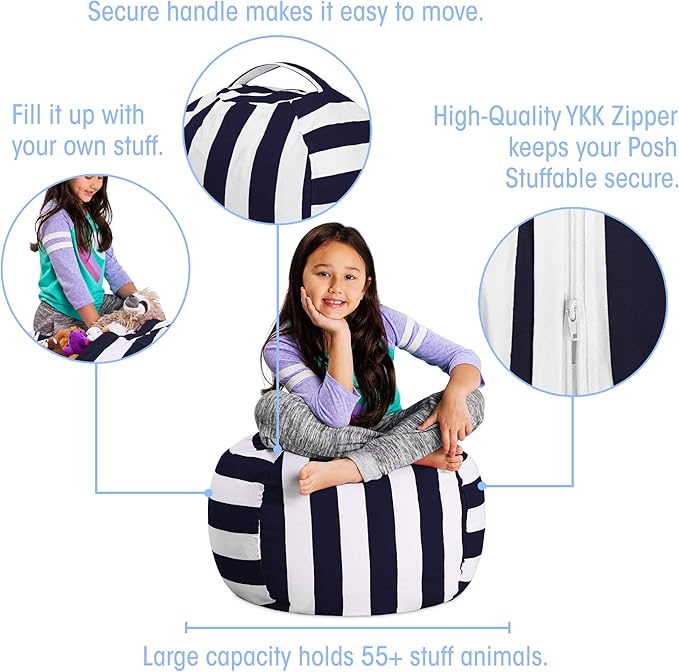 Posh Stuffable Kids Stuffed Animal Storage Bean Bag Chair Cover - Childrens Toy Organizer, Medium 27" - Canvas Stripes Blue and White