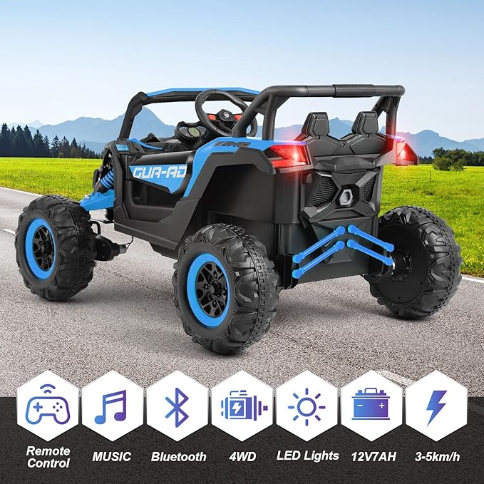 JOYLDIAS 4WD Ride On Car, 12V Battery Powered Electric Off-Road UTV for Kids, 4X4 Electric Vehicle with 4 Powerful Engines, 2.4G Remote Control, Music, Bluetooth, LED Lights for Boys and Girls, Blue
